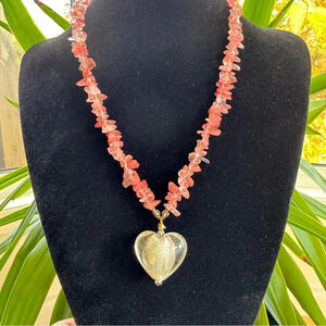 Elegant Rose Pink Quartz Feminine Necklace with Glass Heart Pendant